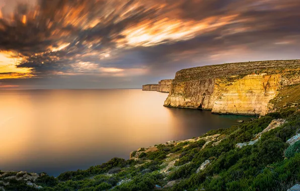 Море, небо, закат, скала, побережье, Мальта, Gozo