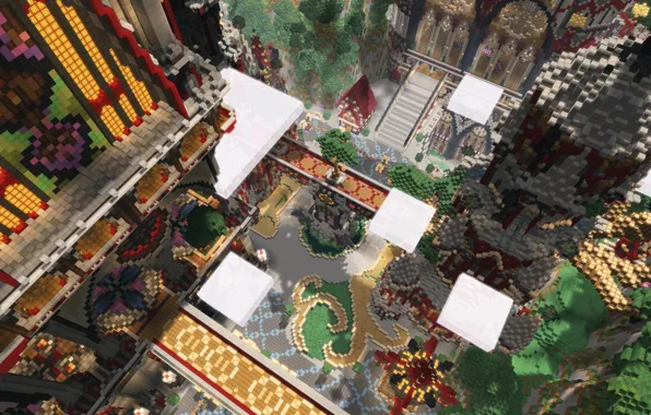 Облака, деревья, дом, дворец, Minecraft, Skyfall
