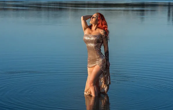 ПЛАТЬЕ, ТАТУ, ВОДОЁМ, РЫЖЕВОЛОСАЯ, Фотограф Георгий Дьяков, Модель Ева Руднева