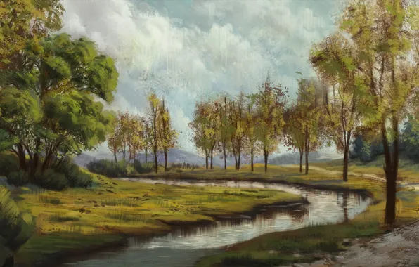 Облака, деревья, река, нарисованный пейзаж