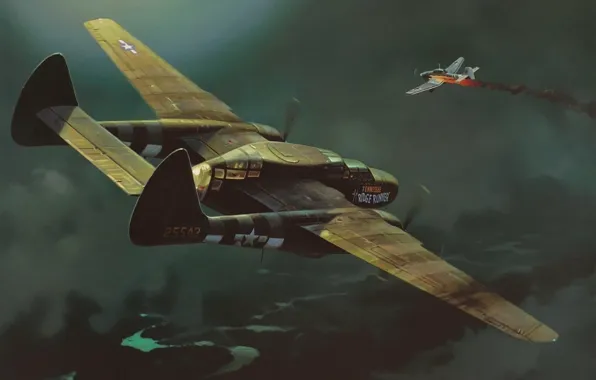 Картинка war, art, painting, ww2, Junker Ju 87 &ampquot;Stuka&ampquot;, Northrop P-61 Black Widow