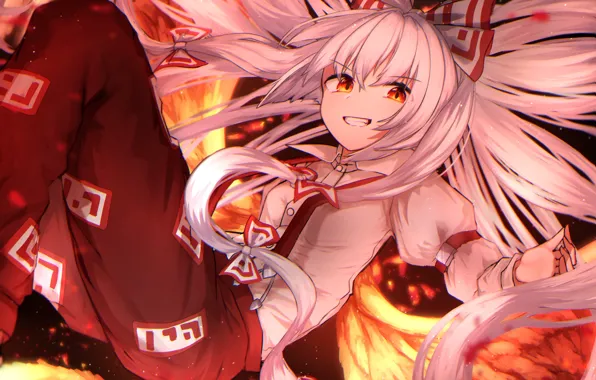 Девушка, улыбка, длинные волосы, Touhou, Fujiwara no Mokou, Тохо, Тоухоу