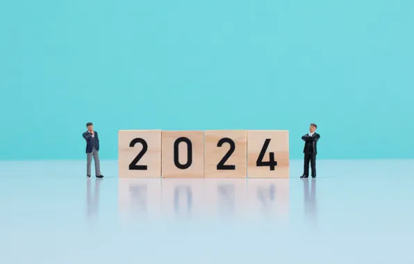 Кубики, человечки, цифры, Новый год, мужчины, голубой фон, дата, 2024