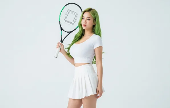Asian, green hair, tennis rackets, AI art, short clothes
