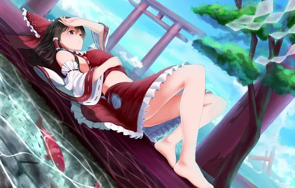 Вода, девушка, рыбы, пруд, дерево, бант, врата, touhou