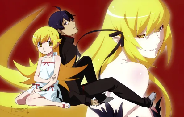 Бант, длинные волосы, красный фон, ухмылка, трое, art, сарафан, Bakemonogatari