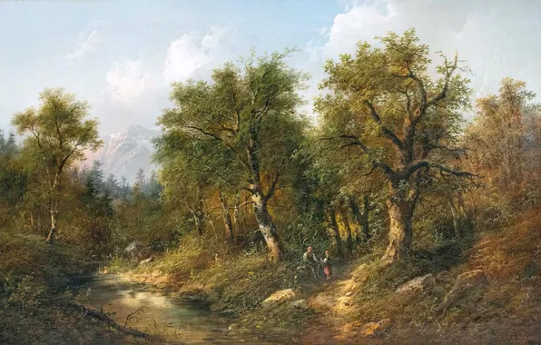 Деревья, Гора, Люди, Картина, Речка, Австрийский художник-пейзажист, Эдуард Бем, Eduard Boehm