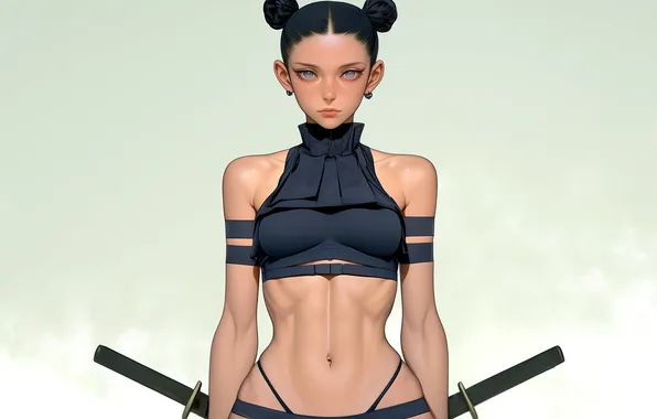 Girl, sword, fantasy, panties, minimalism, blue eyes, katana, samurai