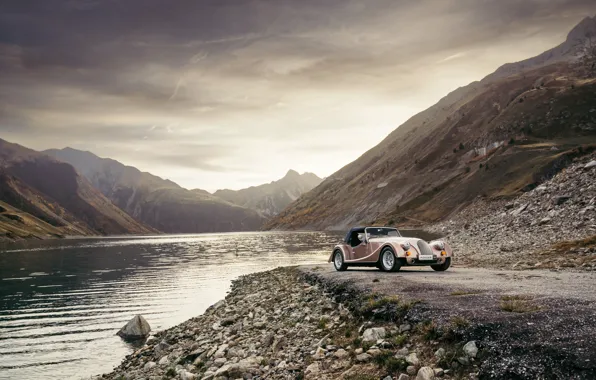 Картинка car, mountain, lake, Morgan, Plus Four, Morgan Plus Four