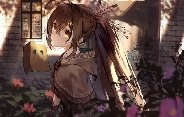 Девушка, цветы, дом, бумажный пакет, Friend, Hololive, виртуальный ютубер, Nanashi Mumei
