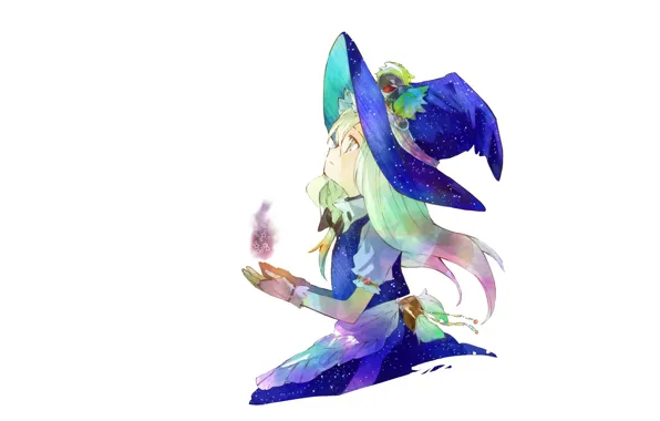 Белый фон, перчатки, touhou, art, косичка, фартук, смотрит вверх, шляпа ведьмы