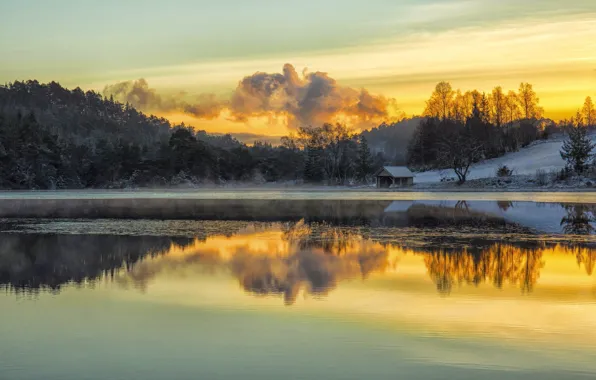 Twilight, sunset, winter, lake, snow, evening, dusk, frozen
