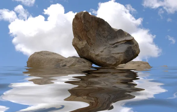 Вода, скала, отражение, камень, рябь