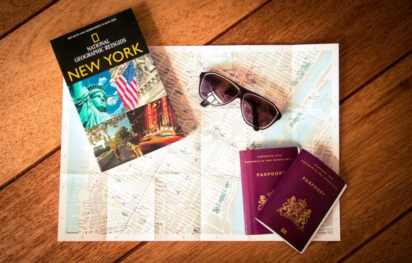Карта, очки, New York, паспорт