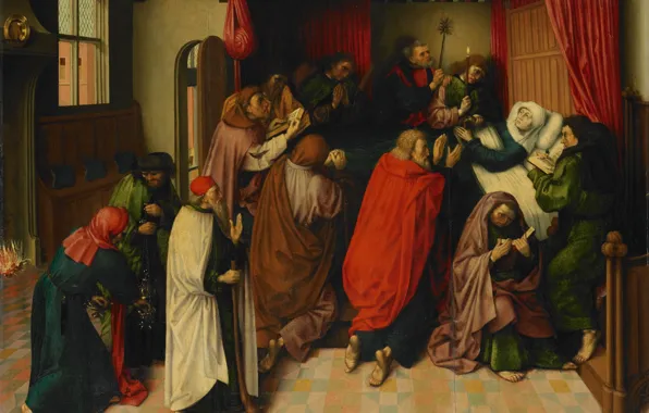 Дерево, масло, картина, мифология, Meester van de Amsterdamse, Dood van Maria, Мария на Смертном Ложе