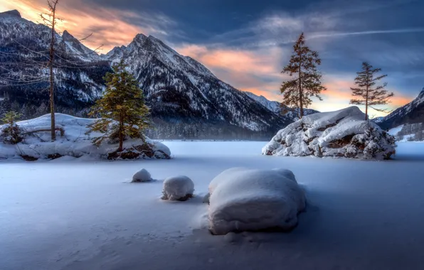 Картинка снег, закат, горы