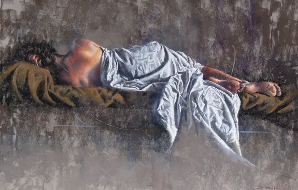 Девушка, волосы, спина, лежит, одеяло, живопись, Laurent Botella
