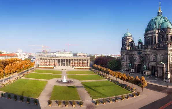 Берлин, Храм, Газон, Панорама, Город, Парк, Дома, Cathedral at Lustgarten Park