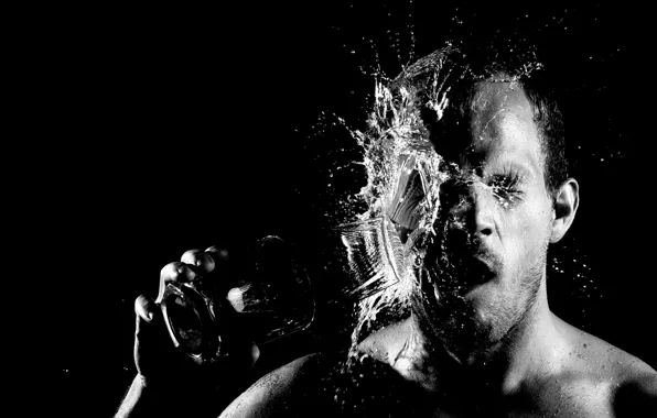 Man, face, black and white, glass of water