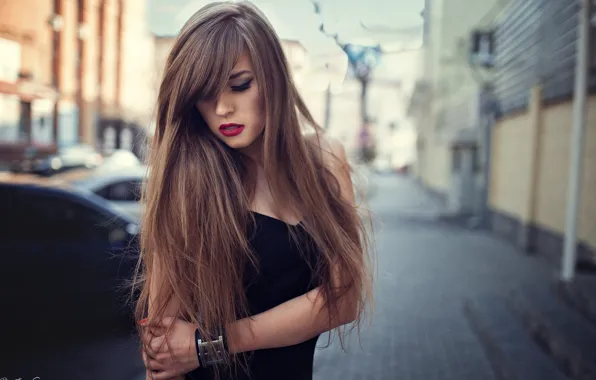 Девушка, поза, улица, волосы, макияж, красотка, боке, Veronica