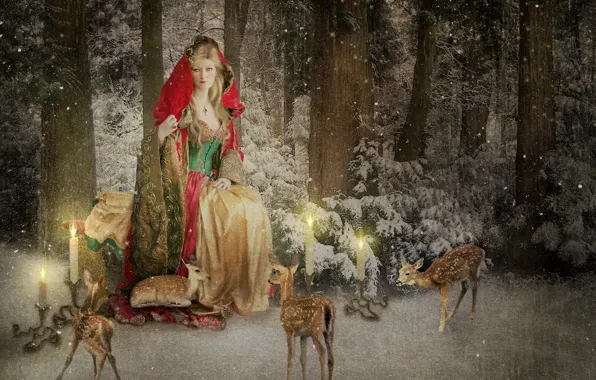 Зима, лес, снег, свечи, олени, новогодняя открытка, Mrs Claus