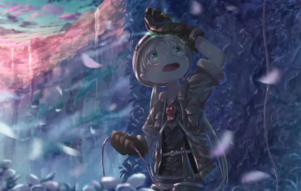 Горы, водопад, мальчик, Made in Abyss, Riko