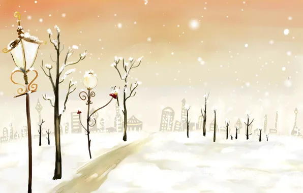 Картинка зима, дорога, снег, деревья, огни, дома, Рисунок, фонарь