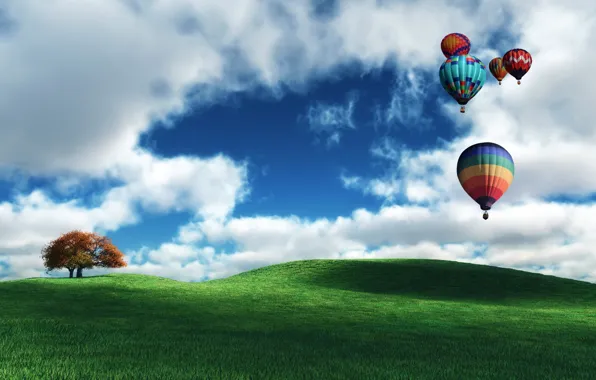 Картинка поле, облака, дерево, шары, воздушные