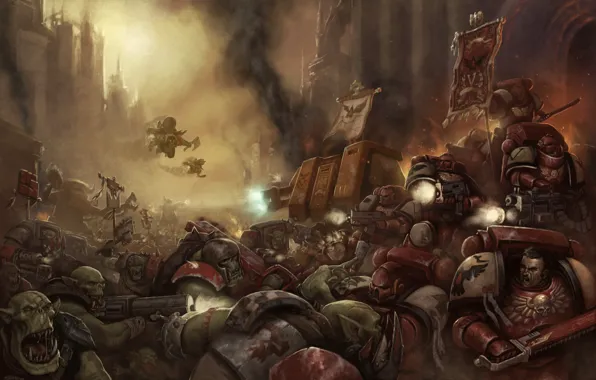 Картинка битва, Space Marine, Warhammer 40000, Orks, орк, космодесант, дредноут, Blood Ravens