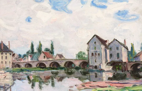 Картинка пейзаж, мост, дома, картина, Alfred Sisley, Альфред Сислей, Море-сюр-Луэн