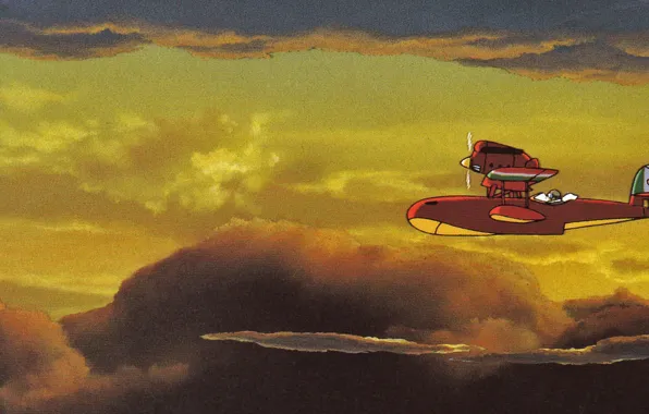 Небо, облака, полет, самолет, вечер, porco rosso, by hayao miyazaki