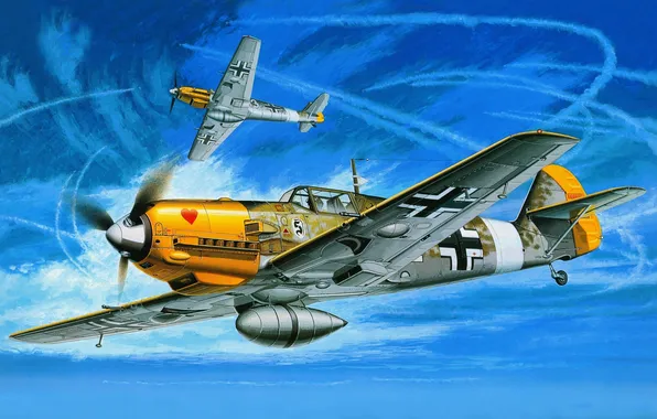 Картинка небо, авиация, самолет, истребитель, арт, Messerschmitt Bf-109E 7