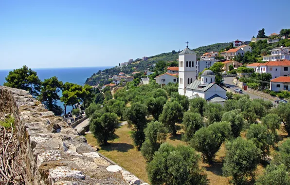 Дорога, море, небо, природа, дома, церковь, храм, Черногория
