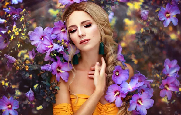 Лето, девушка, свет, цветы, ветки, природа, лицо, поза