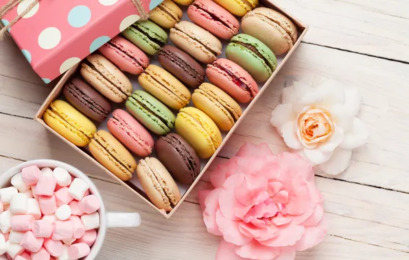 Картинка цветы, подарок, colorful, wood, pink, flowers, macarons, gift box