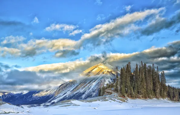 Картинка зима, небо, облака, снег, деревья, горы, озеро