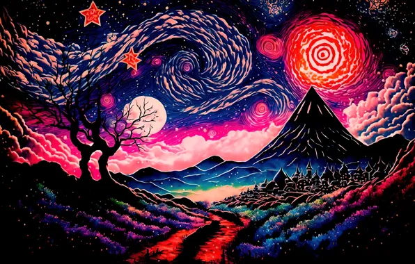 Colorful, sky, landscape, night, mountain, scenery, digital art