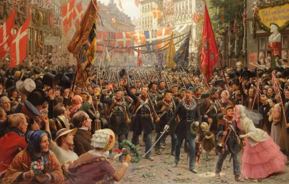 Картинка датский живописец, 1894, Danish painter, oil on canvas, Otto Bache, Отто Бахе, Soldaternes hjemkomst til …