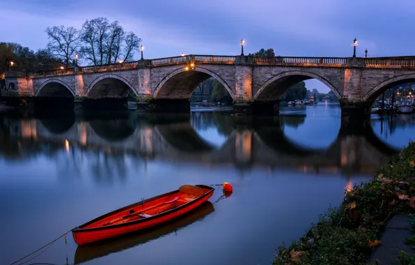 Картинка ночь, лодка, Англия, Лондон, арка, Ричмондский мост