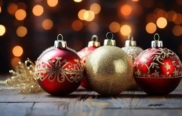 Украшения, шары, Новый Год, Рождество, red, golden, new year, Christmas