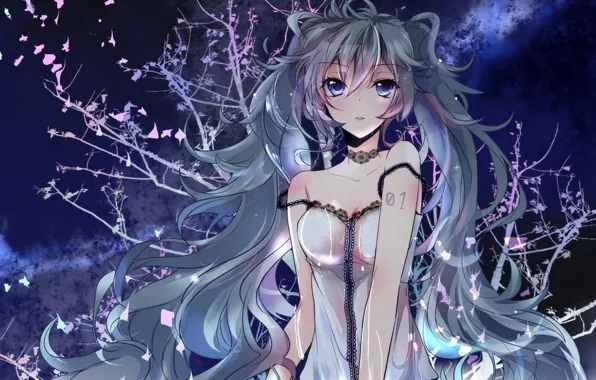 Девушка, цветы, абстракция, ветка, vocaloid, hatsune miku, вокалоид, сидя
