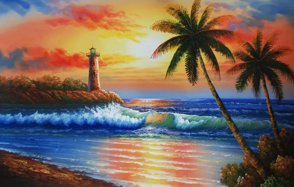 Картинка море, волны, небо, закат, пальмы, маяк, остров, живопись