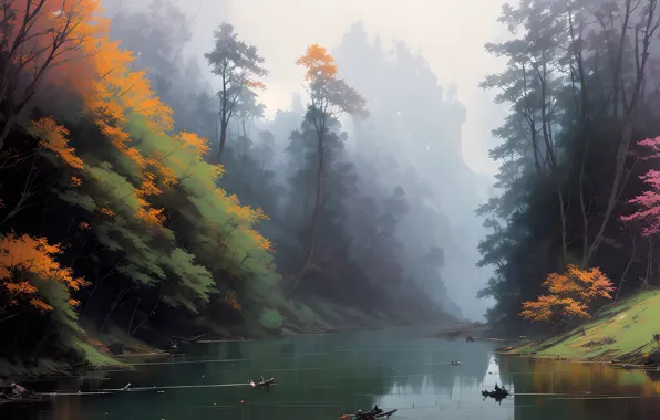 Forest, river, landscape, nature, art, digital art, Stable Diffusion, neuronet
