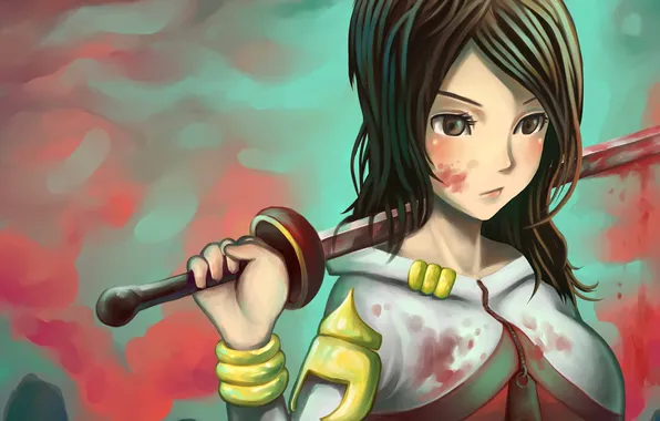 Картинка взгляд, девушка, оружие, меч, аниме, арт
