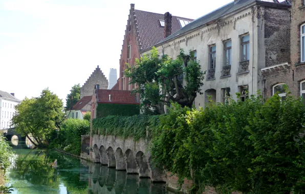 Картинка зелень, деревья, мост, дома, канал, Бельгия, кусты, Bruges
