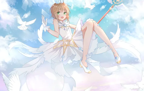 Птицы, перья, девочка, Card Captor Sakura, Сакура - собирательница карт