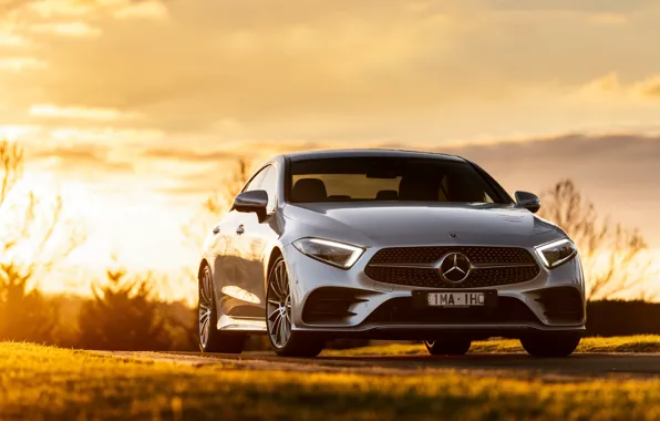 Закат, Mercedes-Benz, CLS, седан, вид спереди, 2018, 450, 4MATIC