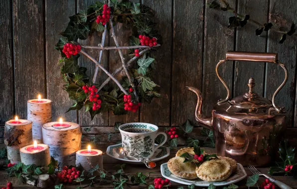Картинка ягоды, чай, звезда, свечи, чайник, печенье, кружка, натюрморт