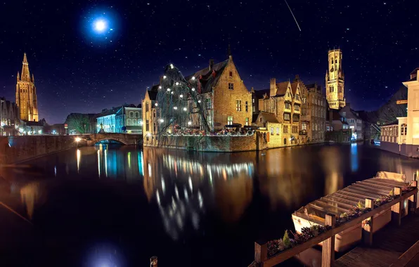 Картинка ночь, мост, река, замок, луна, здание, освещение