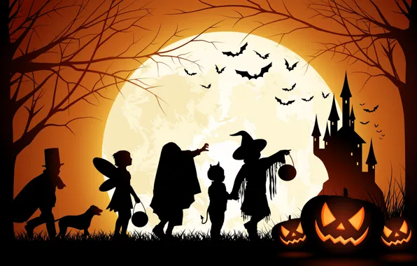 Картинка Halloween, Moon, Pumpkin, Castle, Men And Dog, Bats, Trees